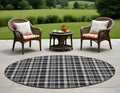 8 Round Black Gray and White Round Plaid Washable Non Skid Indoor Outdoor Area Rug