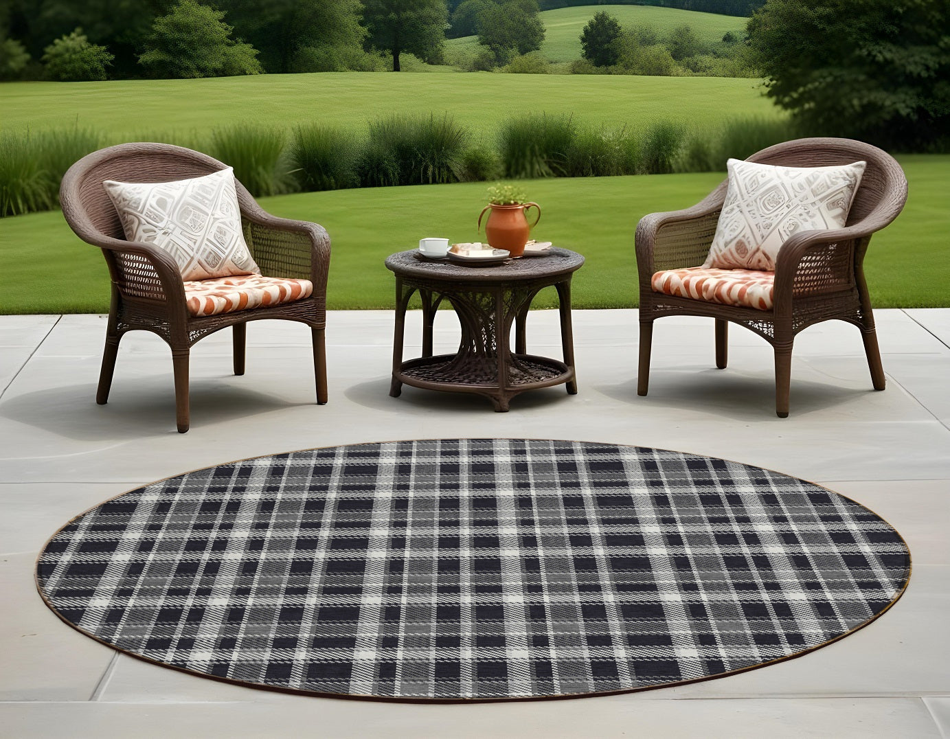 8 Round Black Gray and White Round Plaid Washable Non Skid Indoor Outdoor Area Rug