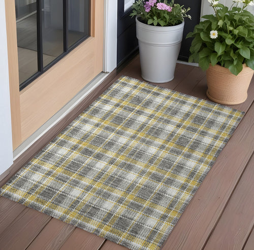 2 X 3 Gray Yellow and White Plaid Washable Non Skid Indoor Outdoor Area Rug