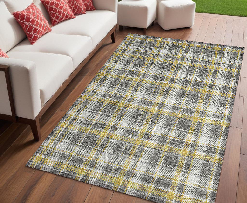 5 X 8 Gray Yellow and White Plaid Washable Non Skid Indoor Outdoor Area Rug