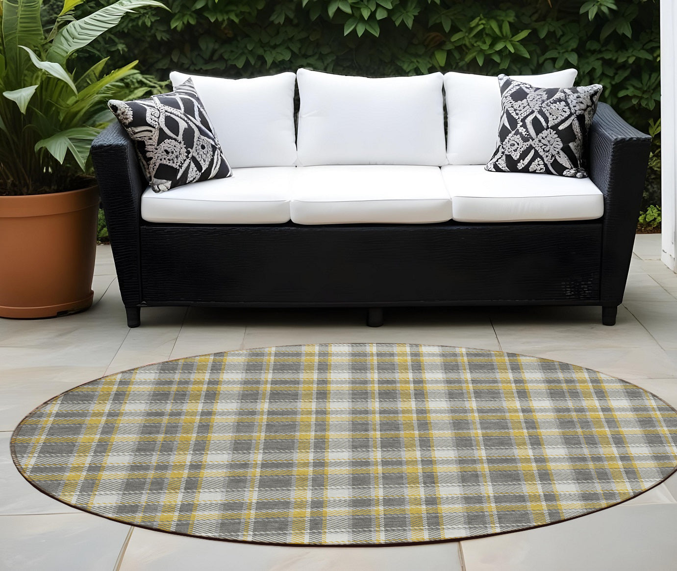 8 Round Gray Yellow and White Round Plaid Washable Non Skid Indoor Outdoor Area Rug