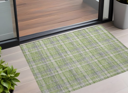 2 X 3 Green and Gray Plaid Washable Non Skid Indoor Outdoor Area Rug