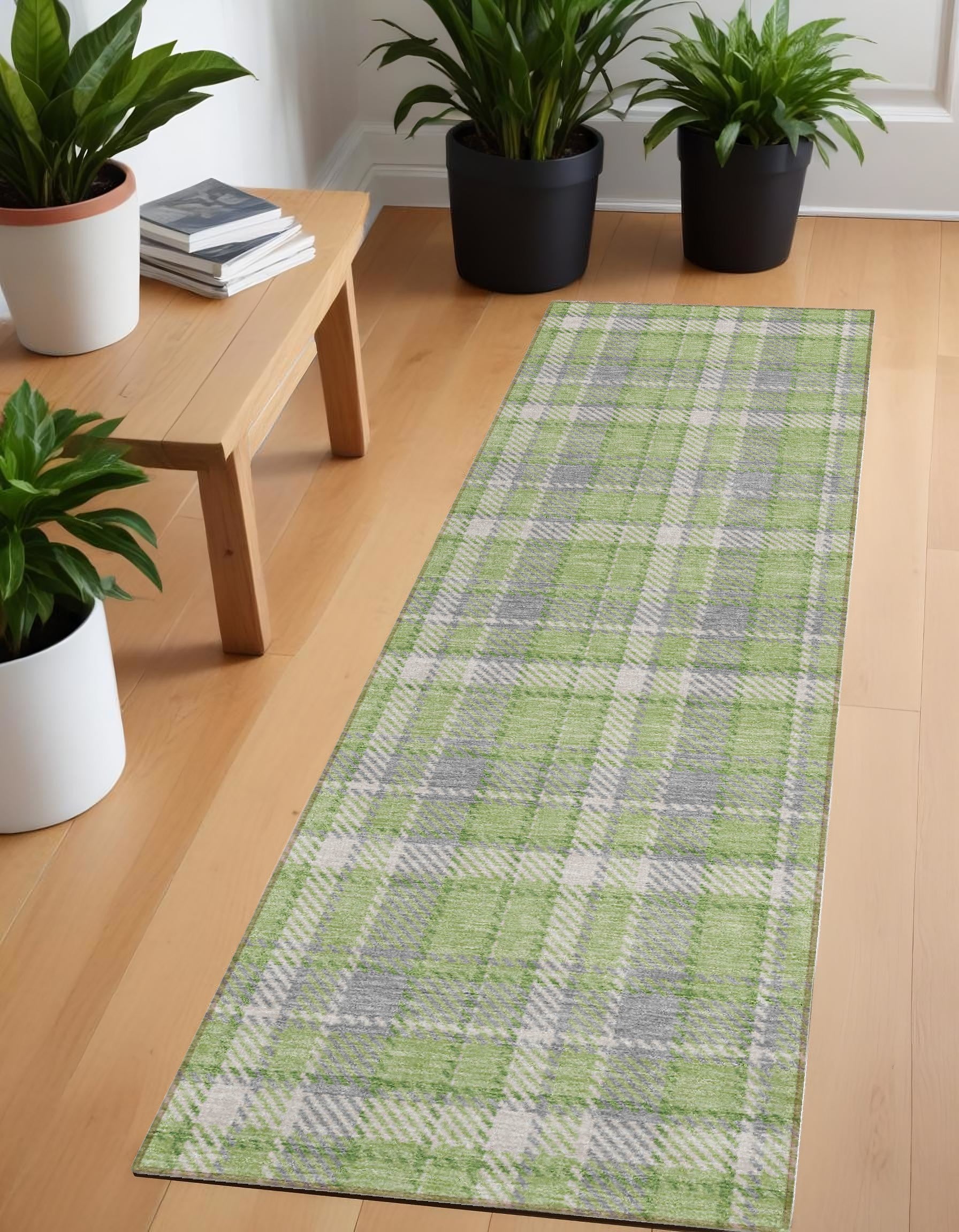 8 Runner Green and Gray Plaid Washable Non Skid Indoor Outdoor Runner Rug
