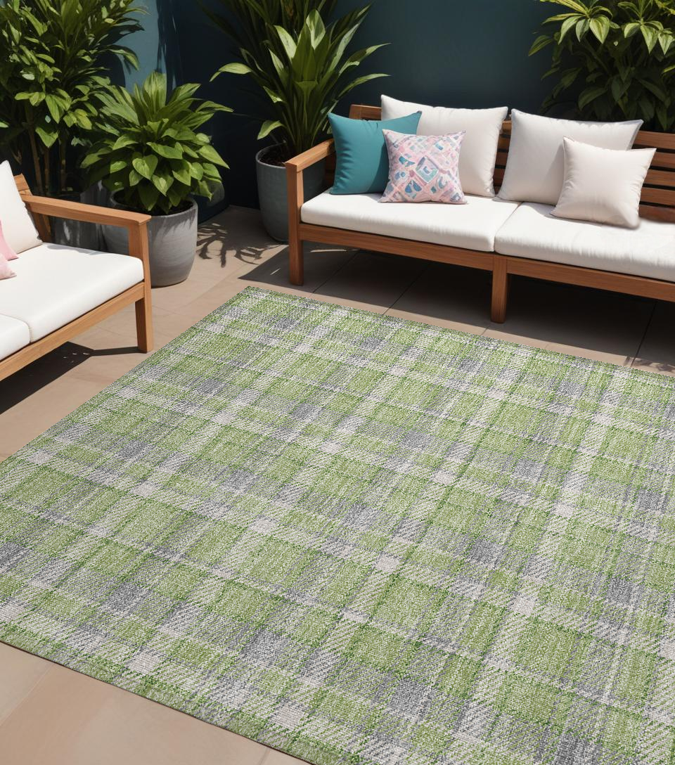 8 X 10 Green and Gray Plaid Washable Non Skid Indoor Outdoor Area Rug