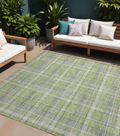10 X 14 Green and Gray Plaid Washable Non Skid Indoor Outdoor Area Rug
