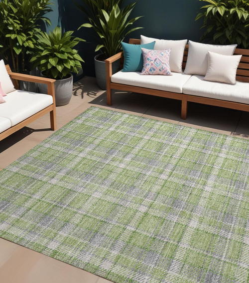 10 X 14 Green and Gray Plaid Washable Non Skid Indoor Outdoor Area Rug