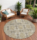 8 Round Beige and Gray Round Floral Medallion Washable Non Skid Indoor Outdoor Area Rug