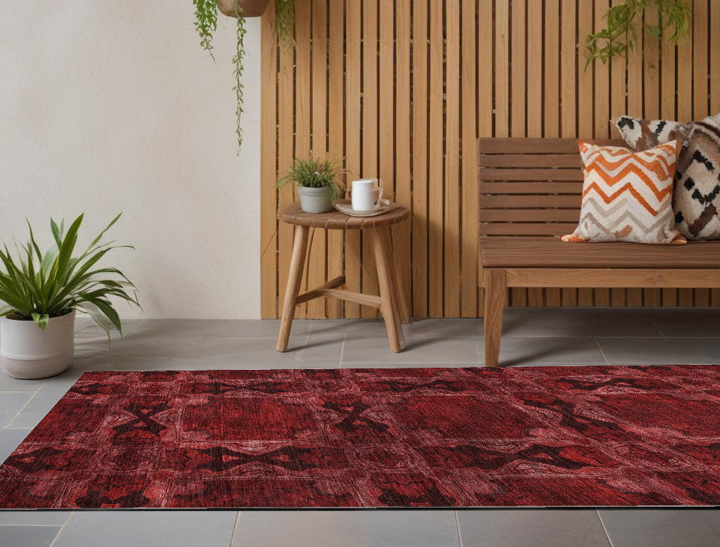 8 Runner Burgundy and Black Floral Medallion Washable Non Skid Indoor Outdoor Runner Rug
