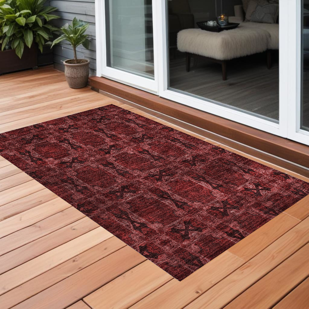 3 X 5 Burgundy and Black Floral Medallion Washable Non Skid Indoor Outdoor Area Rug