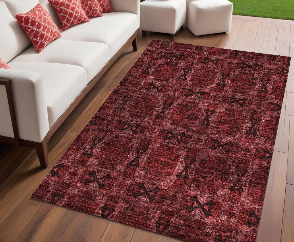 5 X 8 Burgundy and Black Floral Medallion Washable Non Skid Indoor Outdoor Area Rug