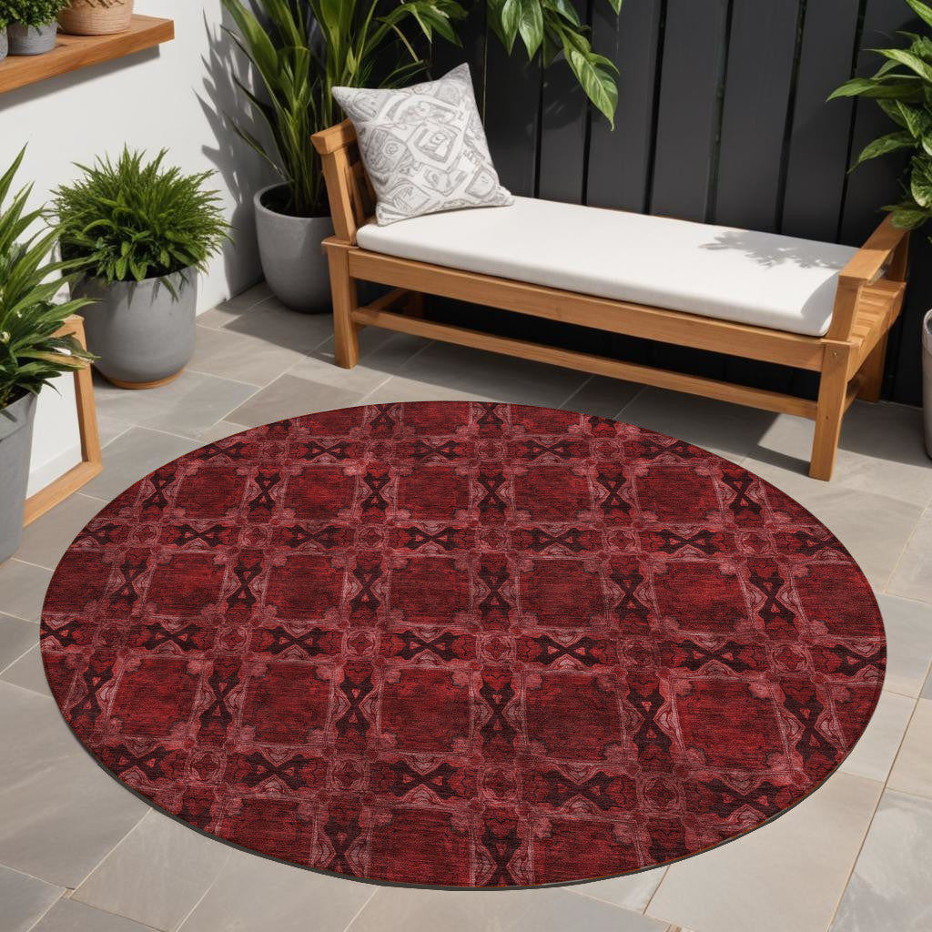8 Round Burgundy and Black Round Floral Medallion Washable Non Skid Indoor Outdoor Area Rug