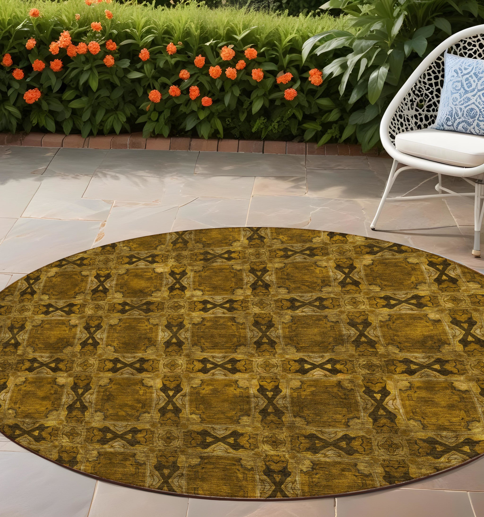 8 Round Chocolate Round Floral Medallion Washable Non Skid Indoor Outdoor Area Rug