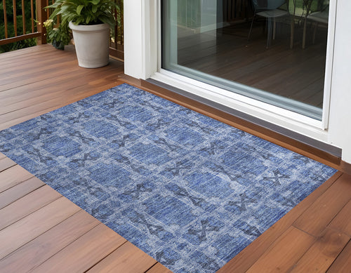 2 X 3 Denim Blue and Gray Floral Medallion Washable Non Skid Indoor Outdoor Area Rug