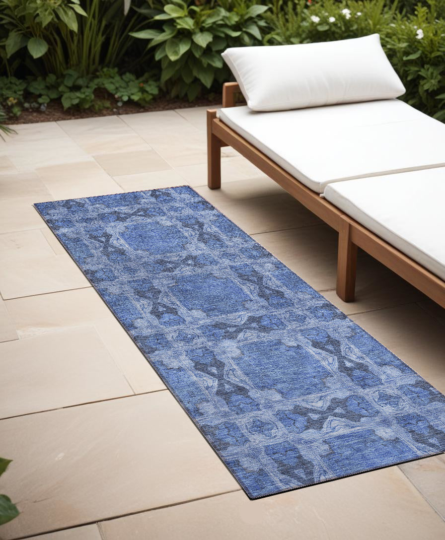 8 Runner Denim Blue and Gray Floral Medallion Washable Non Skid Indoor Outdoor Runner Rug