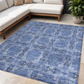 5 X 8 Denim Blue and Gray Floral Medallion Washable Non Skid Indoor Outdoor Area Rug
