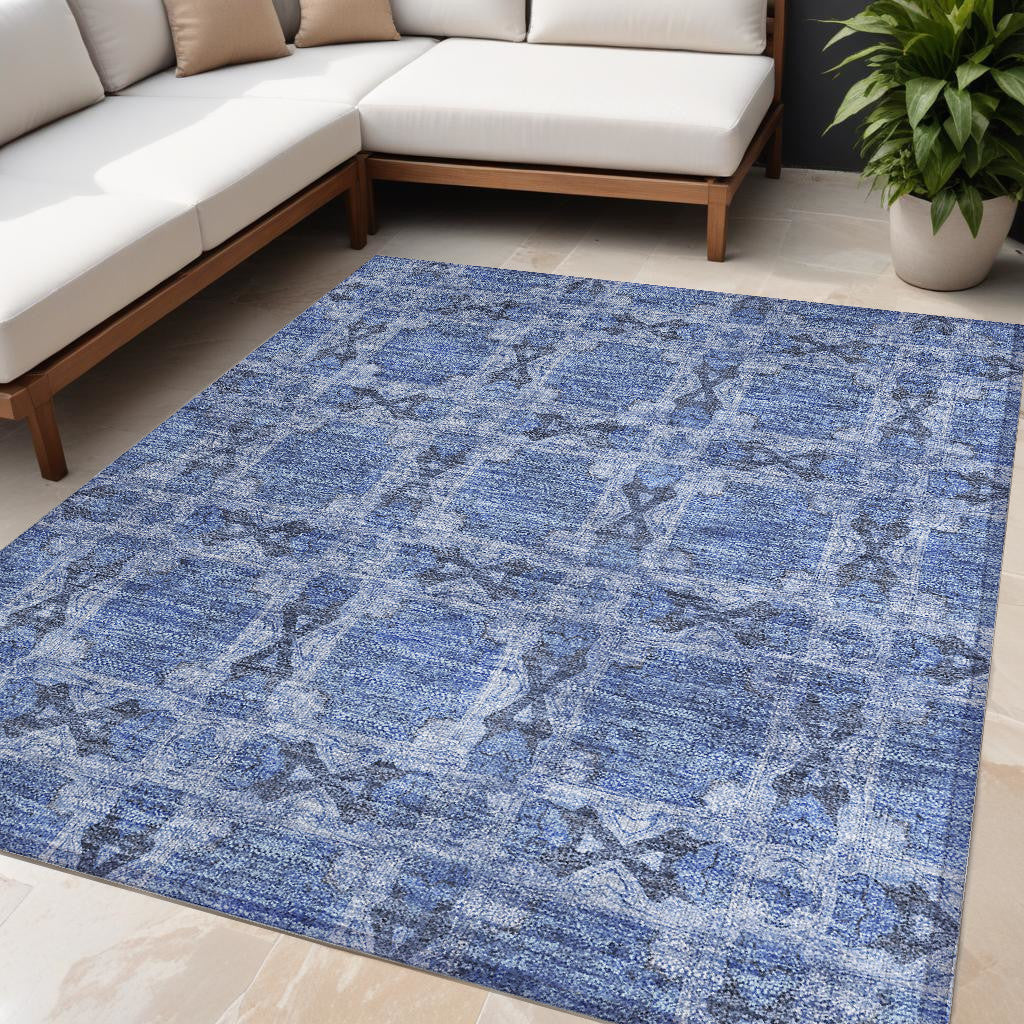5 X 8 Denim Blue and Gray Floral Medallion Washable Non Skid Indoor Outdoor Area Rug