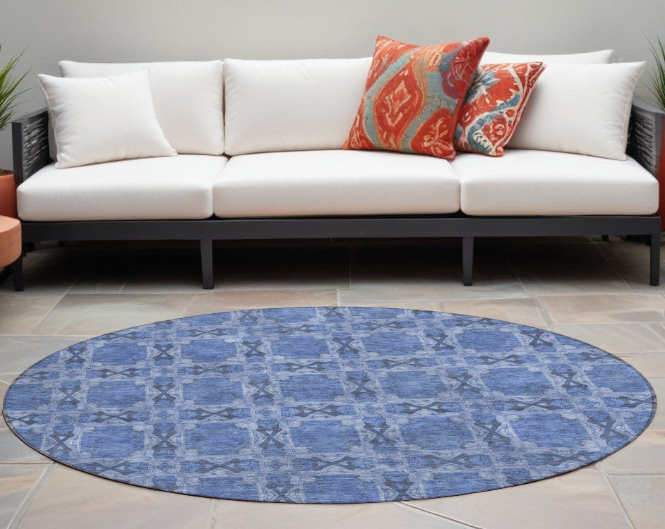 8 Round Denim Blue and Gray Round Floral Medallion Washable Non Skid Indoor Outdoor Area Rug