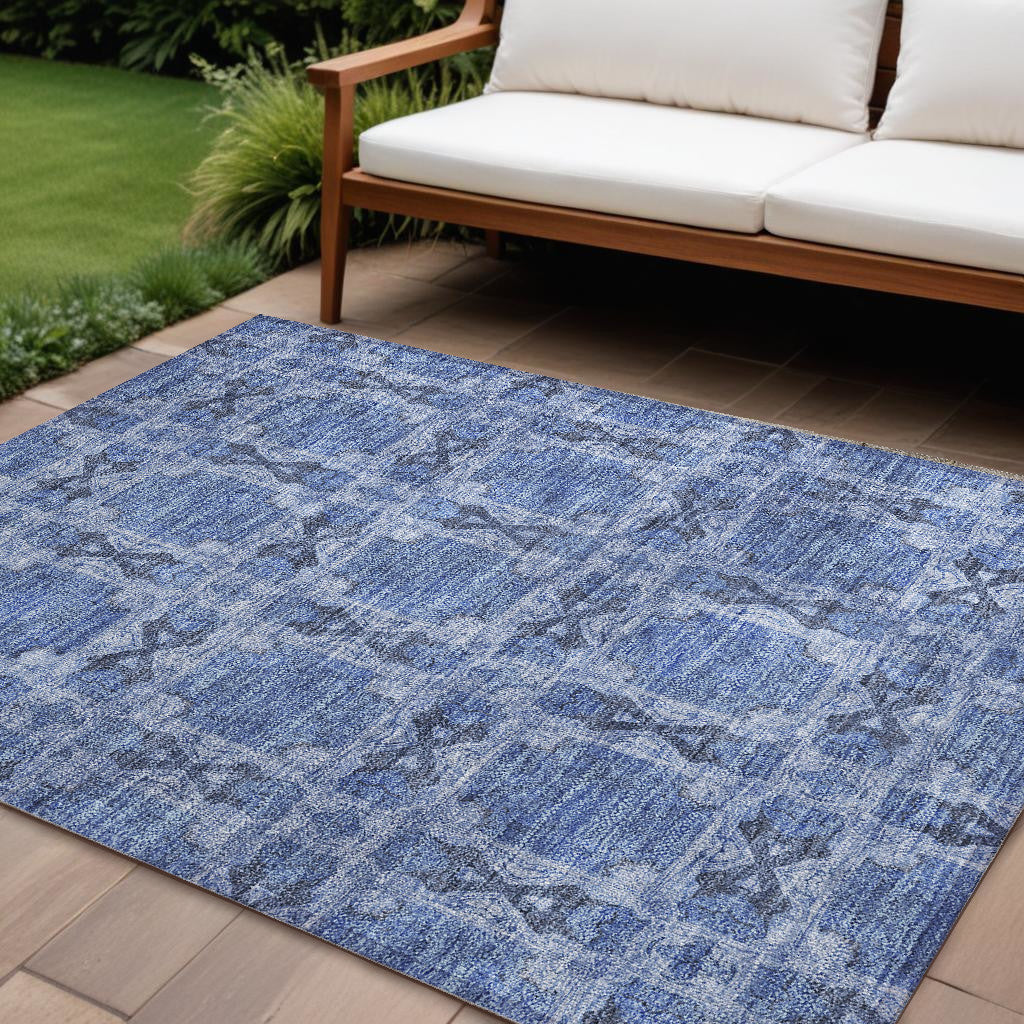 10 X 14 Denim Blue and Gray Floral Medallion Washable Non Skid Indoor Outdoor Area Rug