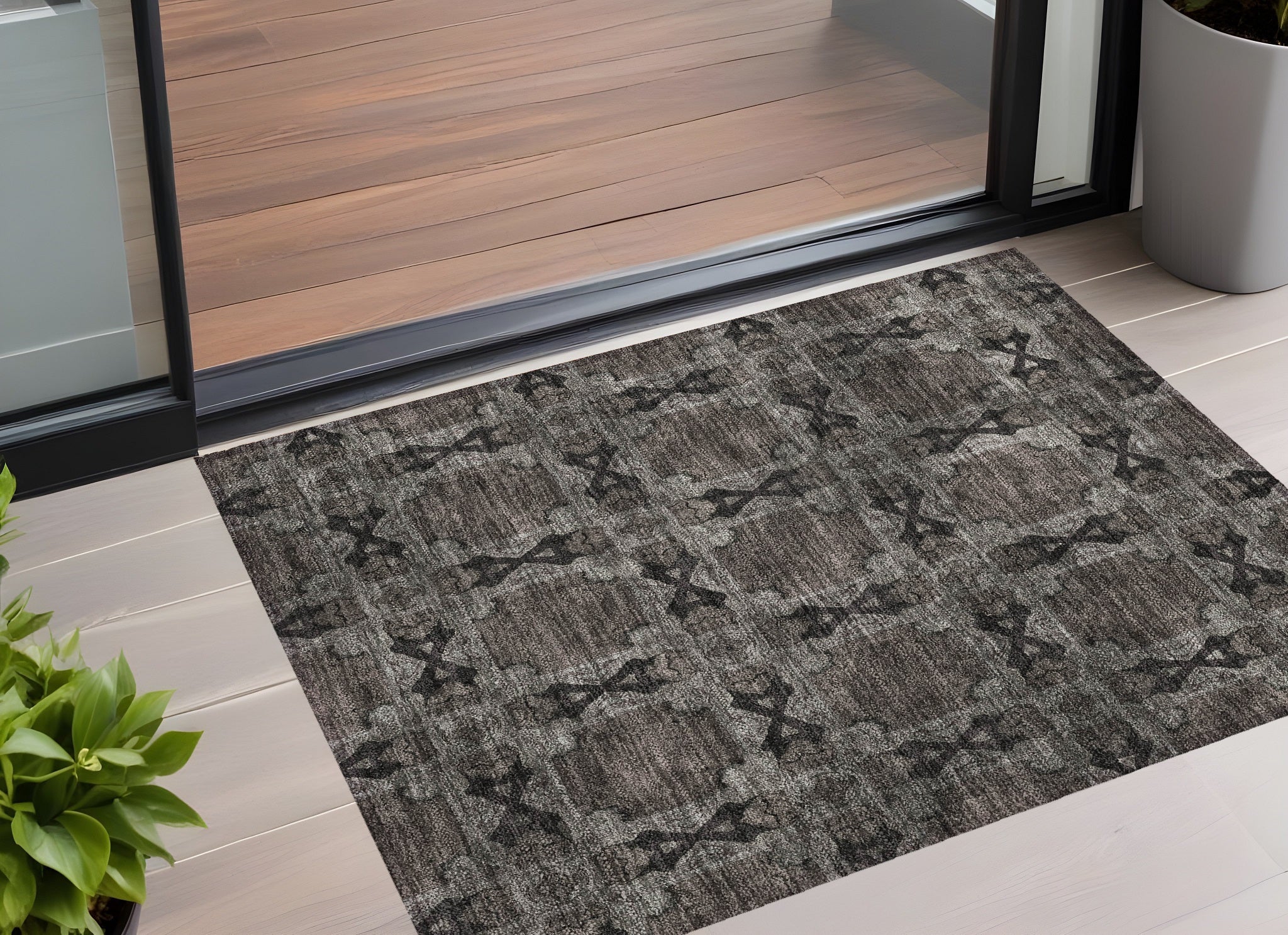 2 X 3 Gray and Black Floral Medallion Washable Non Skid Indoor Outdoor Area Rug
