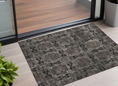 2 X 3 Gray and Black Floral Medallion Washable Non Skid Indoor Outdoor Area Rug