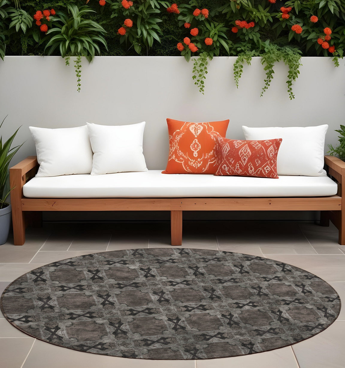 8 Round Gray and Black Round Floral Medallion Washable Non Skid Indoor Outdoor Area Rug