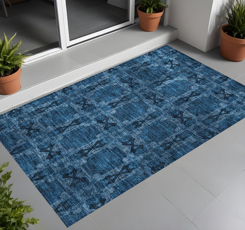 2 X 3 Navy and Gray Floral Medallion Washable Non Skid Indoor Outdoor Area Rug