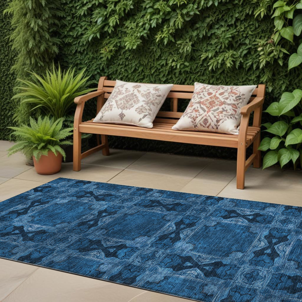 8 Runner Navy and Gray Floral Medallion Washable Non Skid Indoor Outdoor Runner Rug