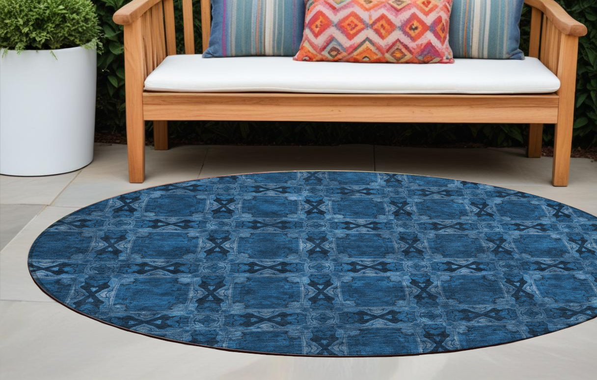 8 Round Navy and Gray Round Floral Medallion Washable Non Skid Indoor Outdoor Area Rug