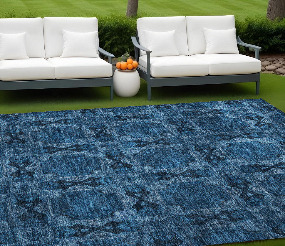 9 X 12 Navy and Gray Floral Medallion Washable Non Skid Indoor Outdoor Area Rug
