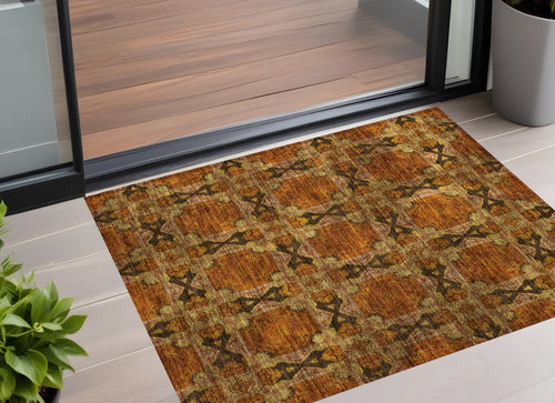 2 X 3 Orange and Rust Floral Medallion Washable Non Skid Indoor Outdoor Area Rug