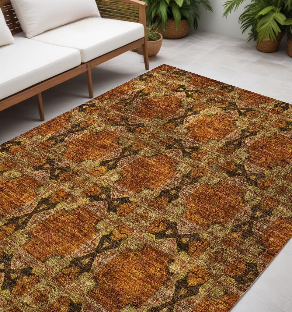 5 X 8 Orange and Rust Floral Medallion Washable Non Skid Indoor Outdoor Area Rug