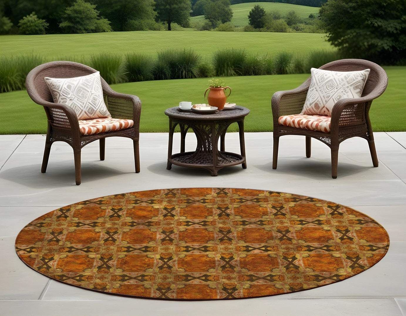 8 Round Orange and Rust Round Floral Medallion Washable Non Skid Indoor Outdoor Area Rug