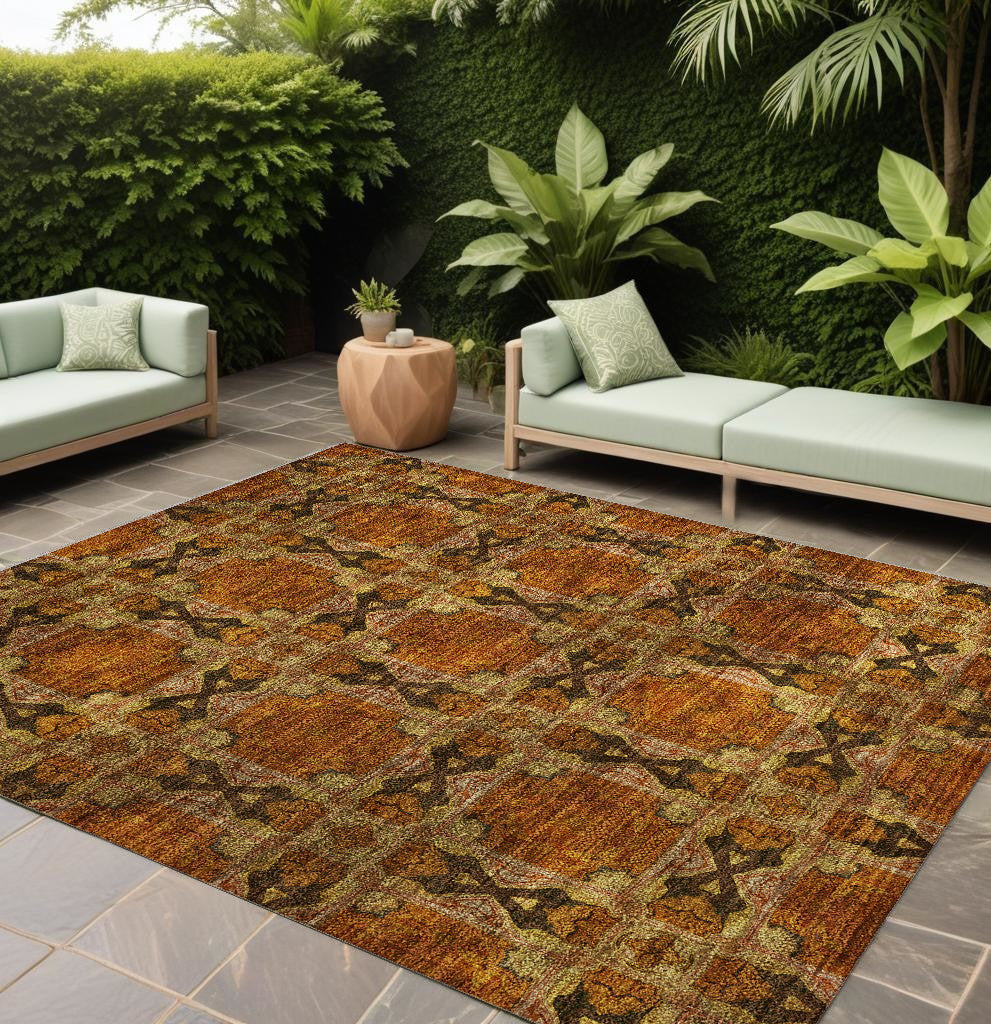 8 X 10 Orange and Rust Floral Medallion Washable Non Skid Indoor Outdoor Area Rug