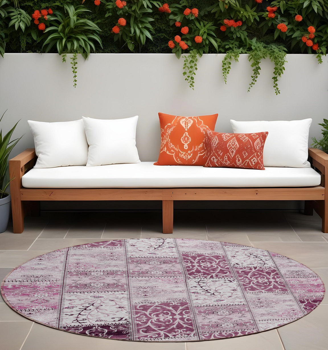 8 Round Mountbatten Pink Round Patchwork Washable Non Skid Indoor Outdoor Area Rug