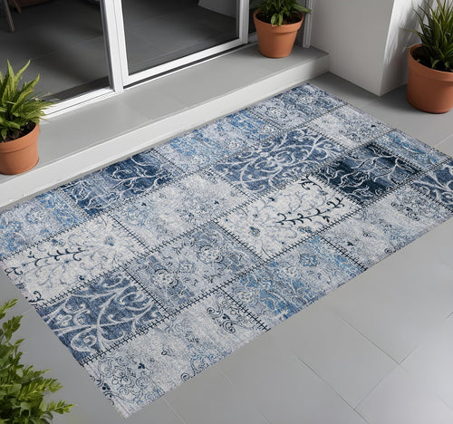 2 X 3 Denim Blue Patchwork Washable Non Skid Indoor Outdoor Area Rug