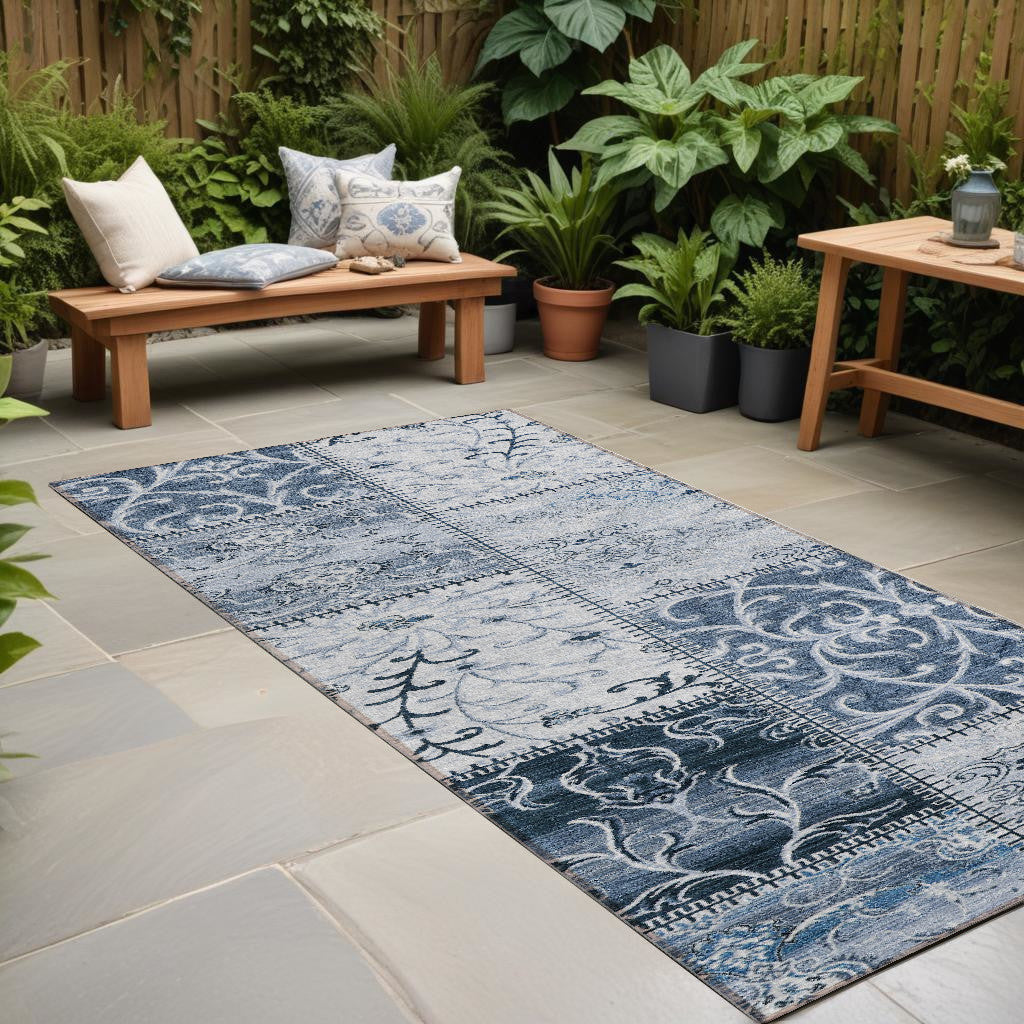 8 Runner Denim Blue Patchwork Washable Non Skid Indoor Outdoor Runner Rug