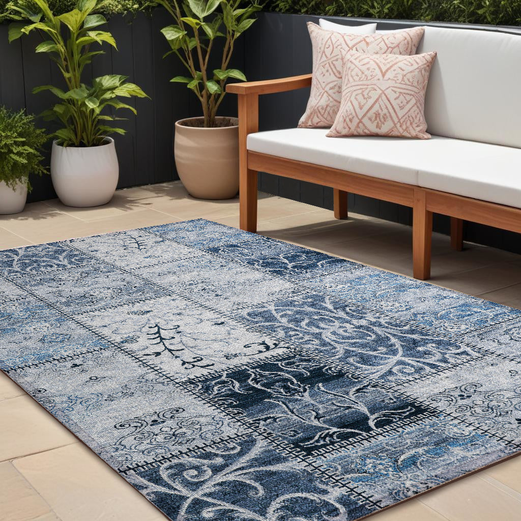 8 X 10 Denim Blue Patchwork Washable Non Skid Indoor Outdoor Area Rug
