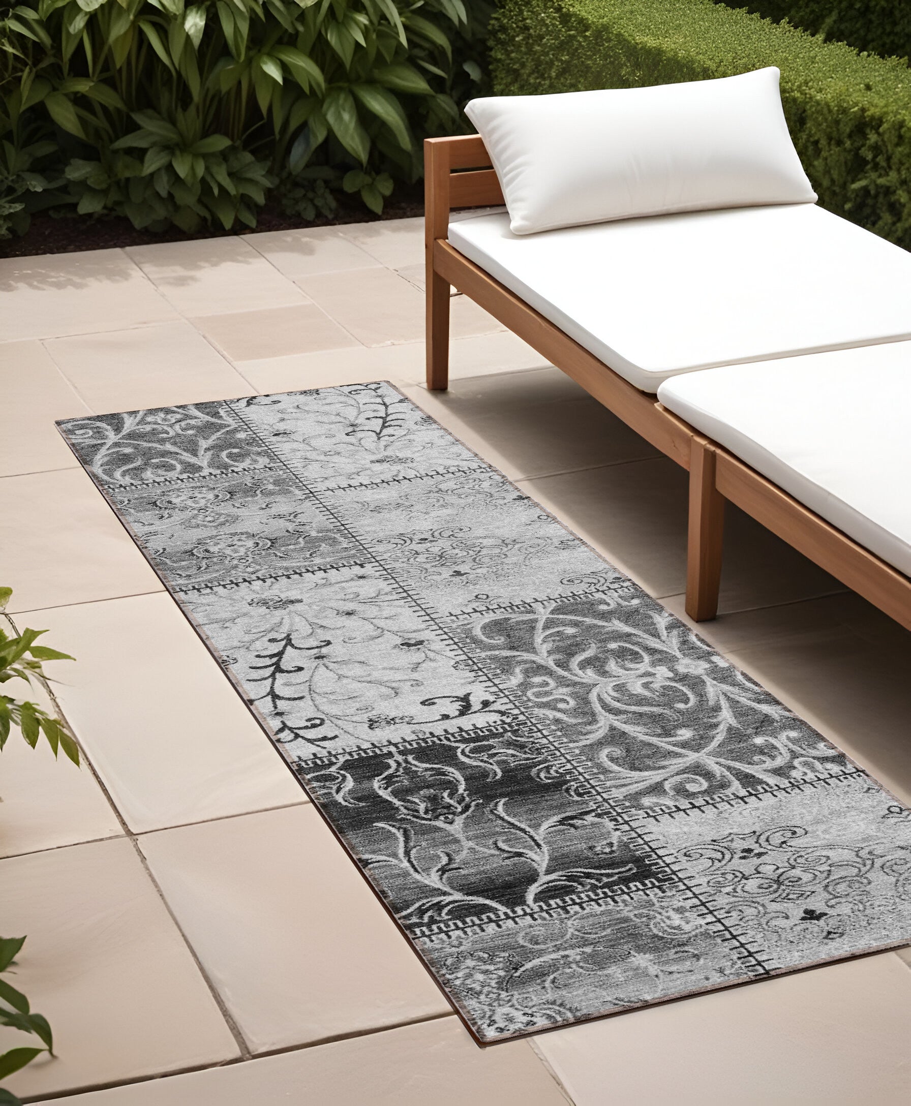 8 Runner Gray Patchwork Washable Non Skid Indoor Outdoor Runner Rug