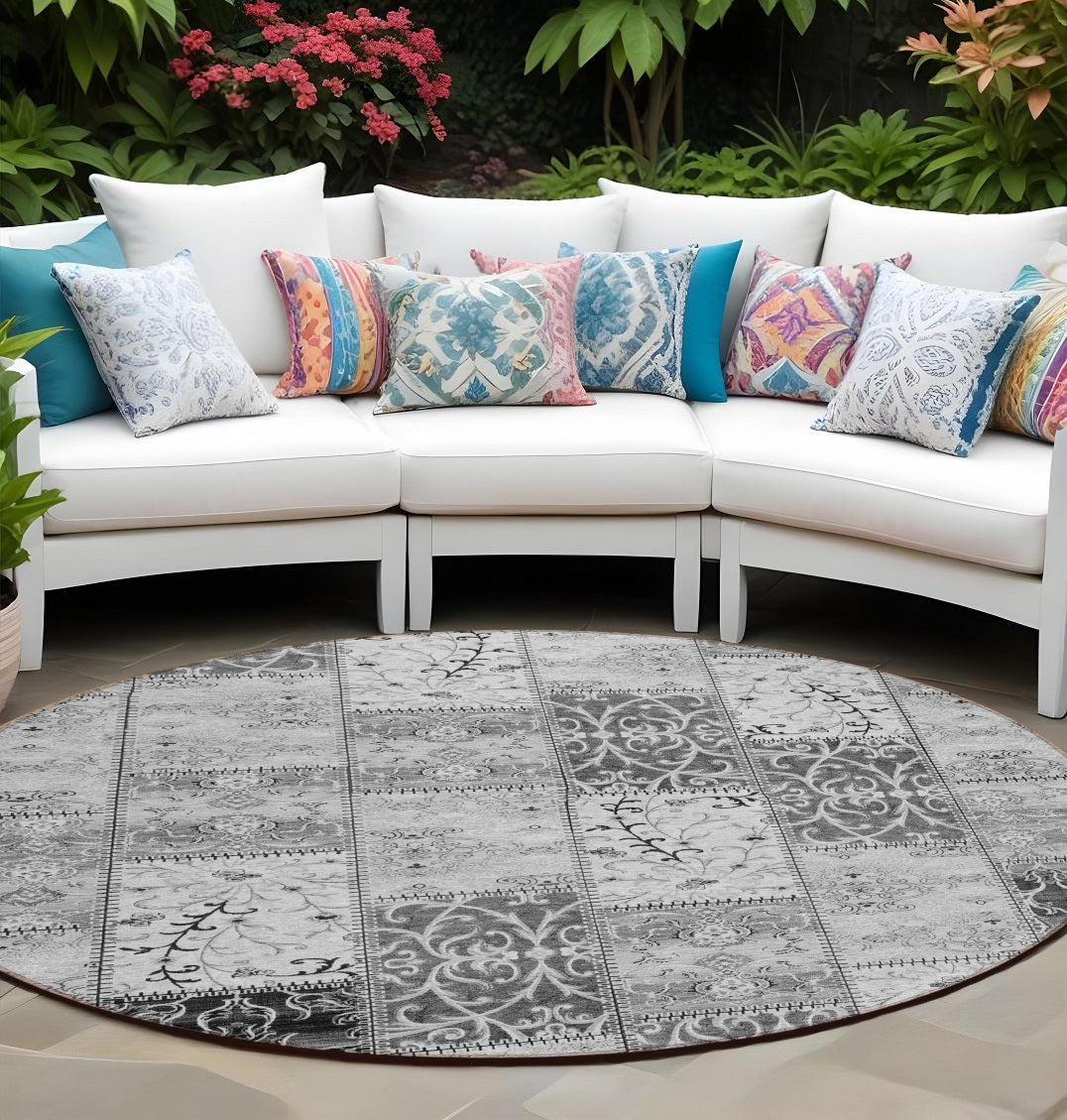 8 Round Gray Round Patchwork Washable Non Skid Indoor Outdoor Area Rug