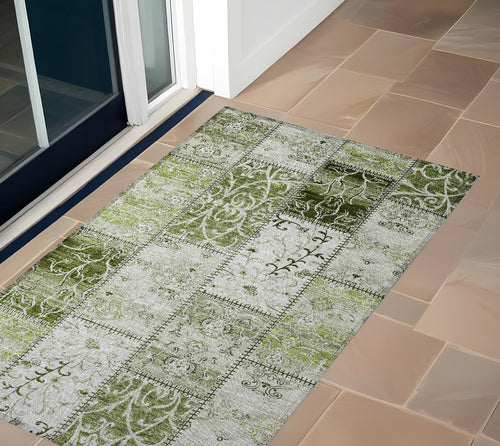 2 X 3 Green Patchwork Washable Non Skid Indoor Outdoor Area Rug