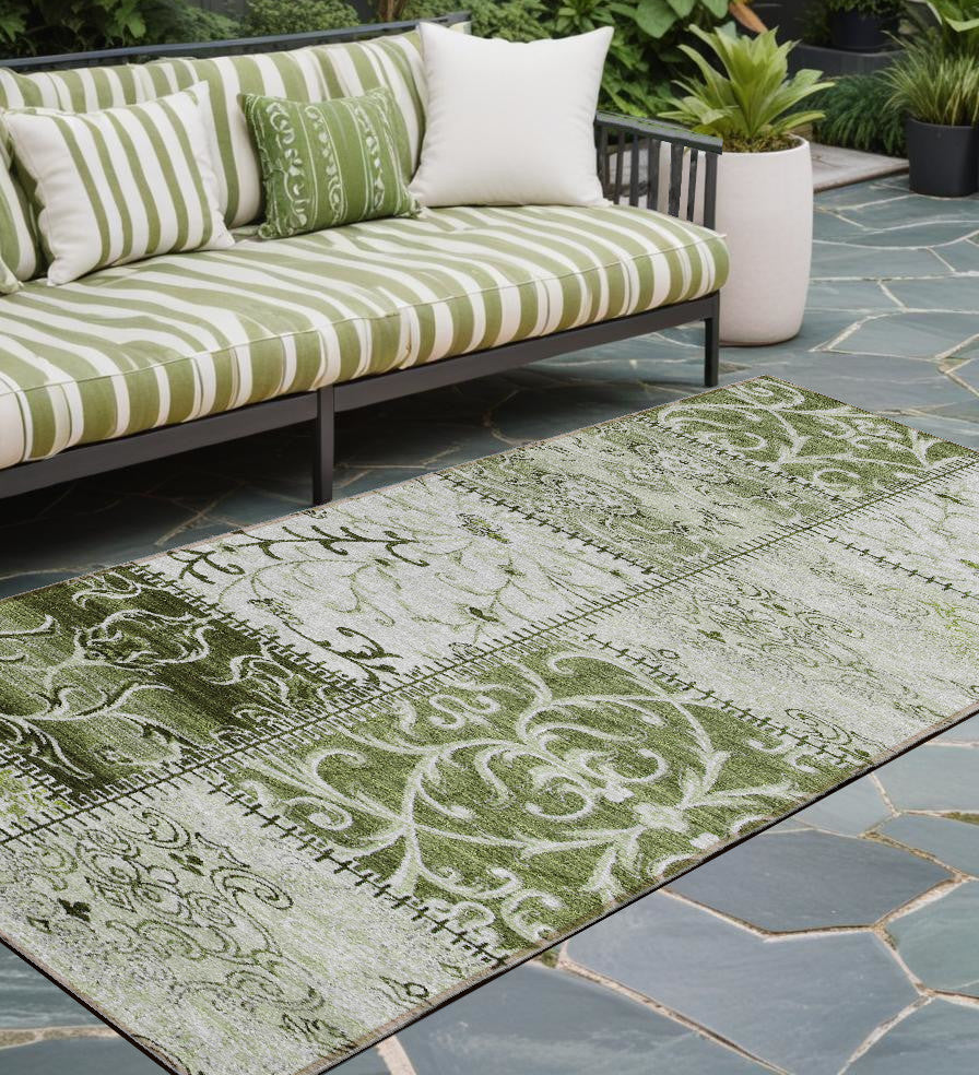8 Runner Green Patchwork Washable Non Skid Indoor Outdoor Runner Rug
