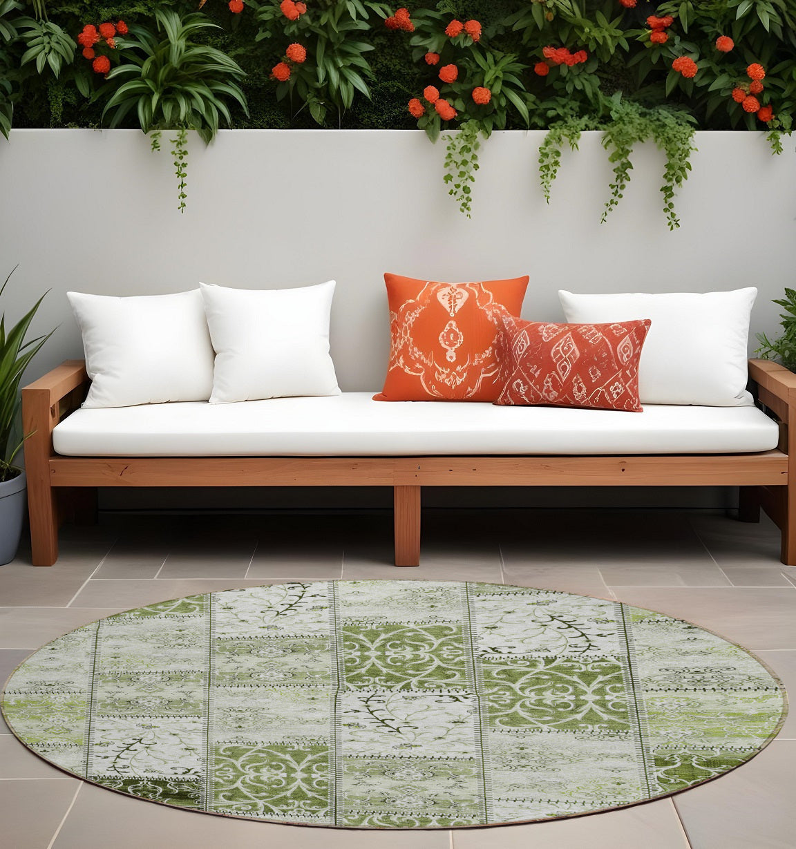 8 Round Green Round Patchwork Washable Non Skid Indoor Outdoor Area Rug