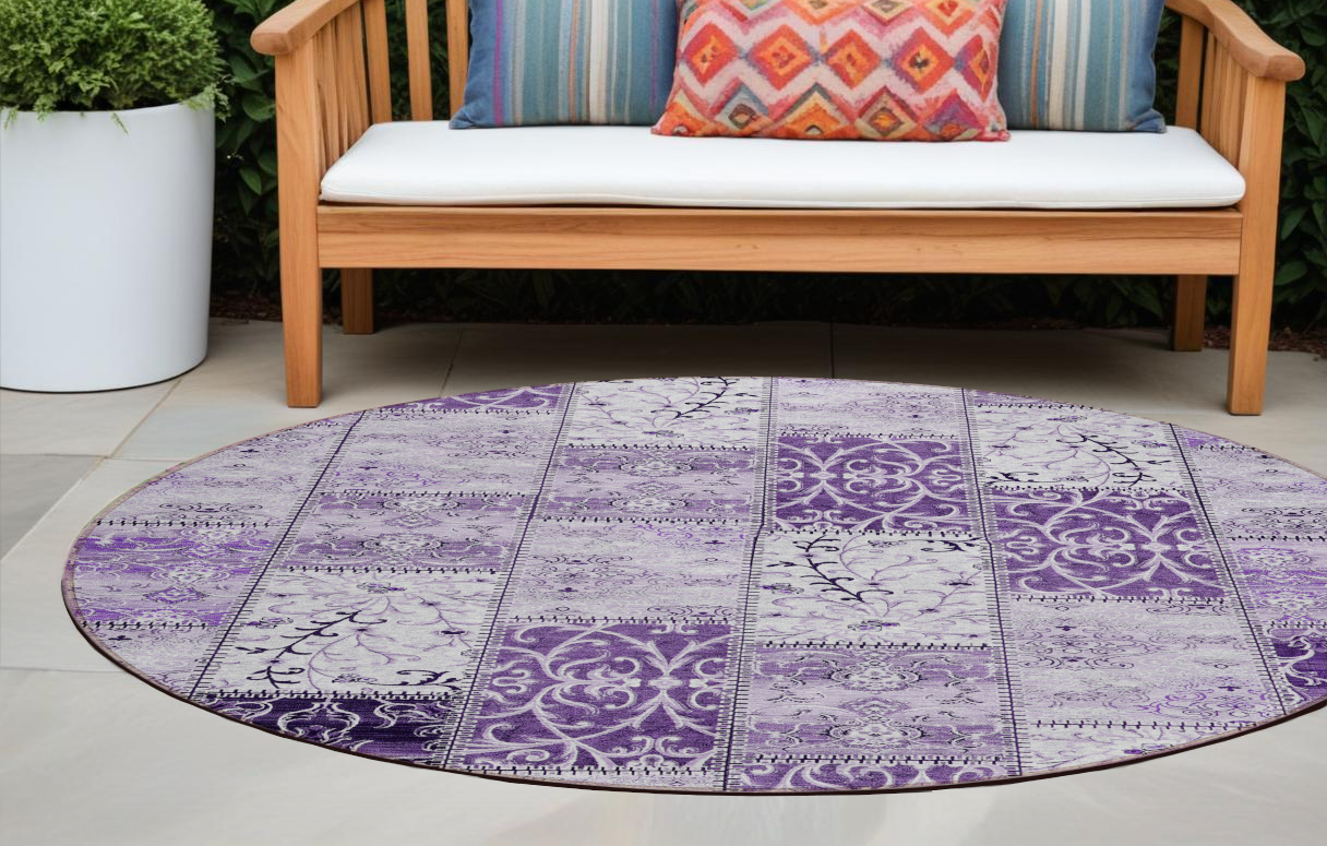 8 Round Purple Round Patchwork Washable Non Skid Indoor Outdoor Area Rug