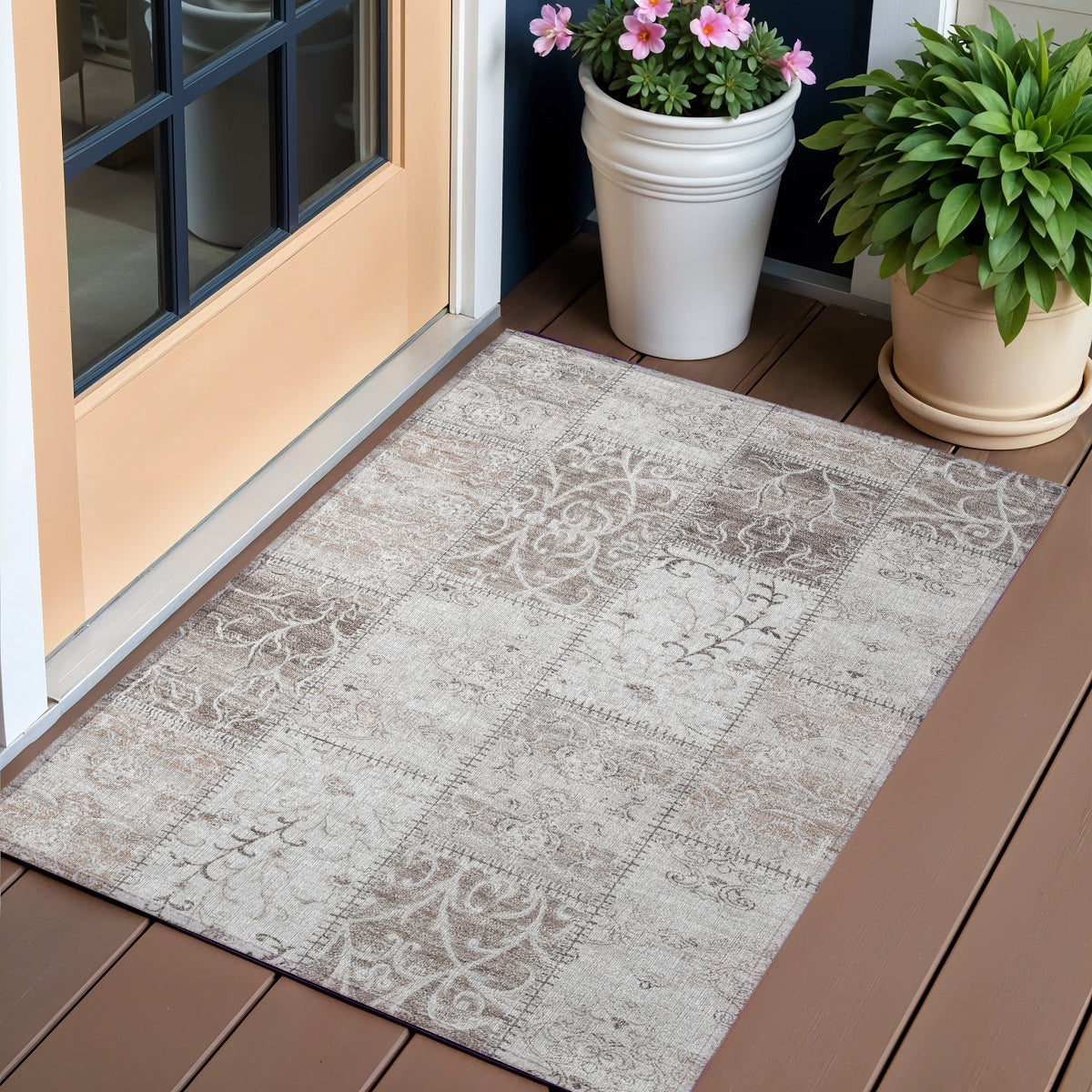 2 X 3 Taupe Patchwork Washable Indoor Outdoor Area Rug