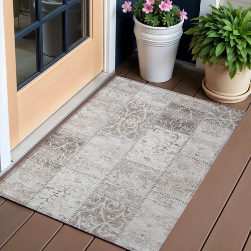 2 X 3 Taupe Patchwork Washable Indoor Outdoor Area Rug