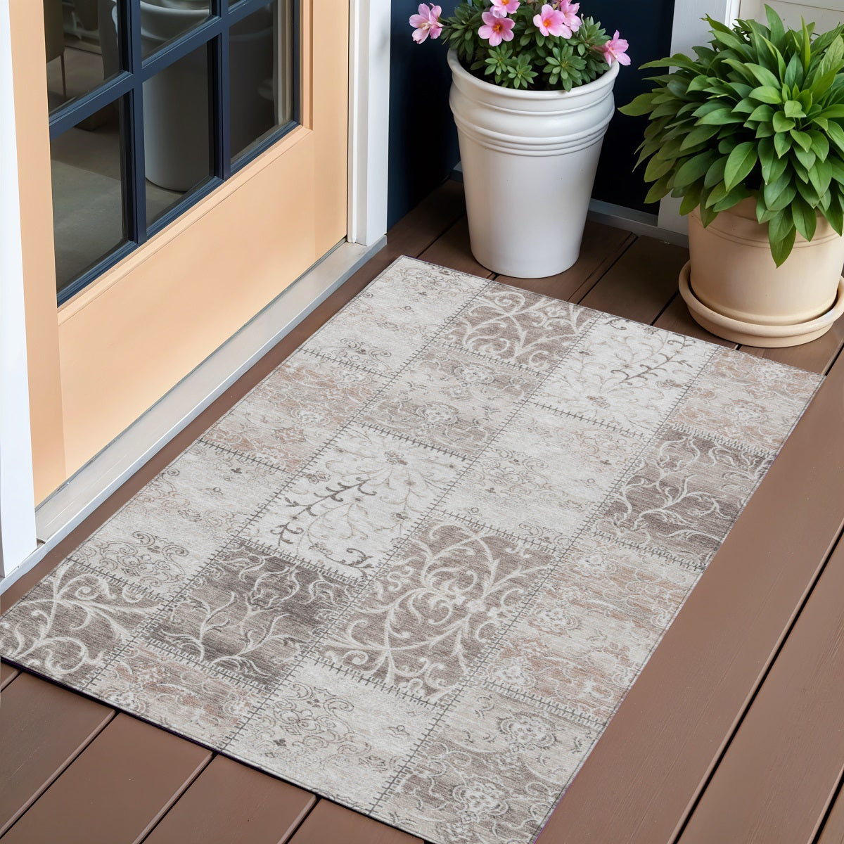 3 X 5 Taupe Patchwork Washable Indoor Outdoor Area Rug
