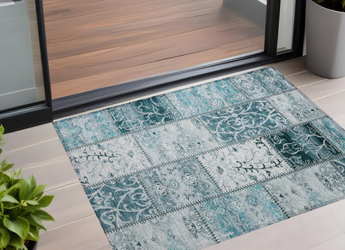2 X 3 Teal Patchwork Washable Non Skid Indoor Outdoor Area Rug