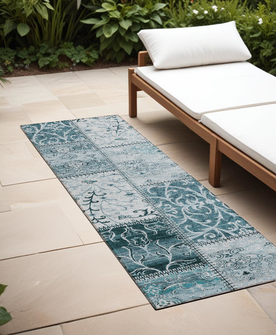 8 Runner Teal Patchwork Washable Non Skid Indoor Outdoor Runner Rug