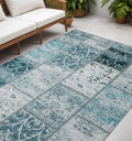 5 X 8 Teal Patchwork Washable Non Skid Indoor Outdoor Area Rug