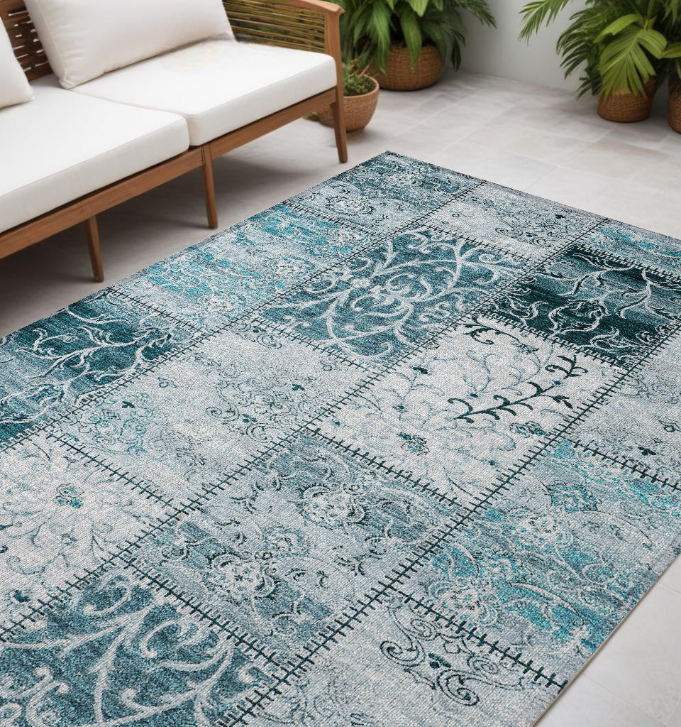 5 X 8 Teal Patchwork Washable Non Skid Indoor Outdoor Area Rug